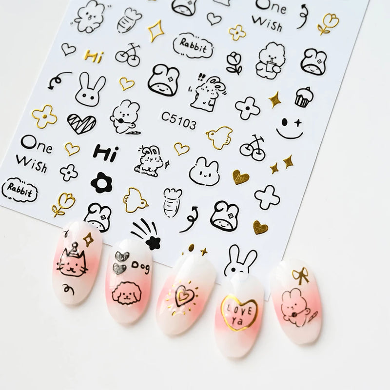 Laser Silver 3D Kawaii Cute Cat Nail Stickers Holographic Cartoon Puppy Dog Graffiti Design Sliders Decals Manicure Decoration