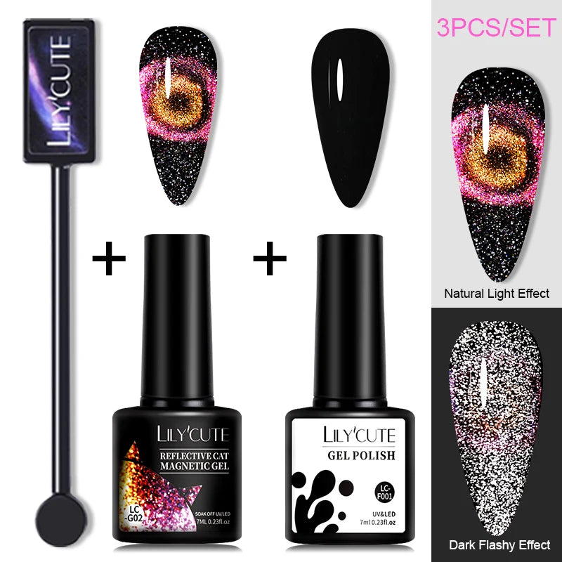 LILYCUTE 7ML 9D Cat Magnetic Gel Polish Set Semi Permanent Soak Off UV LED Glitter Nails Magnet Stick Black Gel Needed