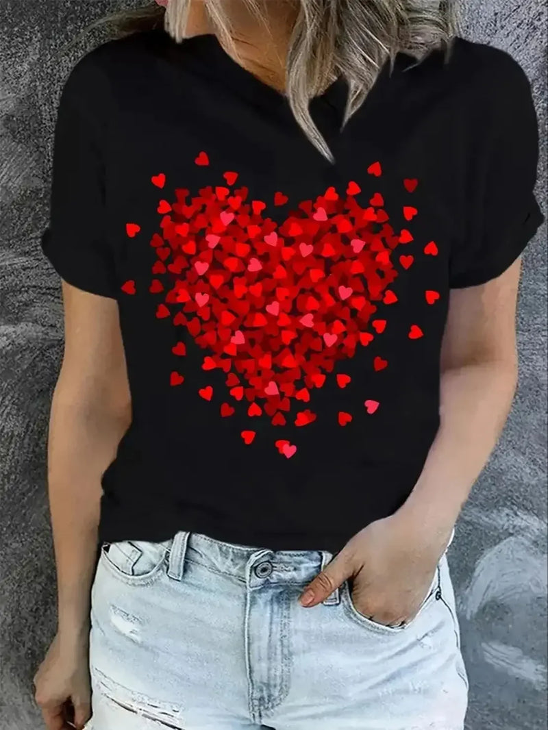 Heart Print T-Shirt for Valentine's Day Gifts Crew Neck Short Sleeve T-Shirt Casual Every Day Tops Women's Clothing