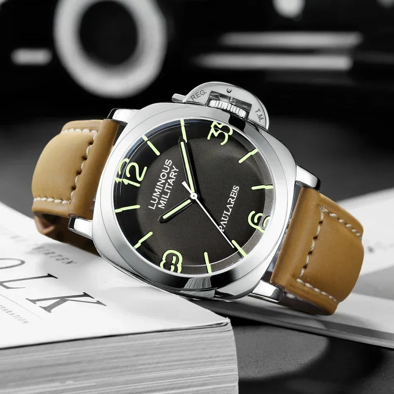 Automatic Watches for Men Mechanical Genuine Brown Leather Yellow Green Military 44mm Luxury Rose Gold Reloj Hombre Baratos