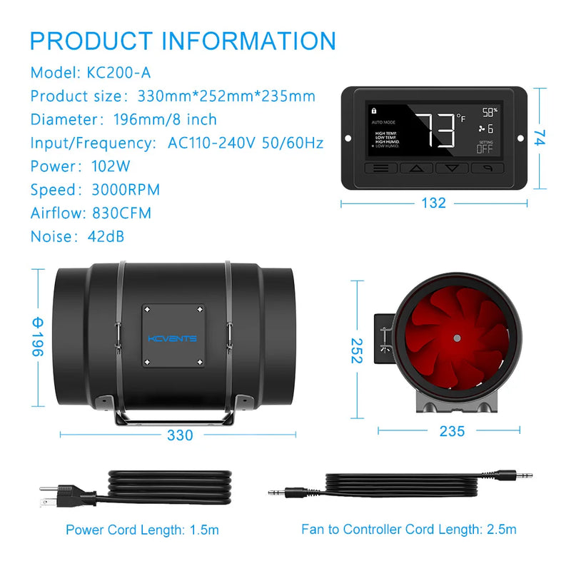 KCvents 4/6/8inch Exhaust Fan Ventilation Fan Inline Duct Fan EC Fresh Air Fan With Speed Control Suitable for greenhouses homes