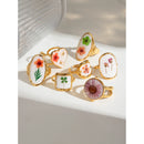 Light Cozy 18k Gold Plated Minimalist White Drip Oil Dried Flower Open End Ring Women Stainless Steel Statement Jewelry