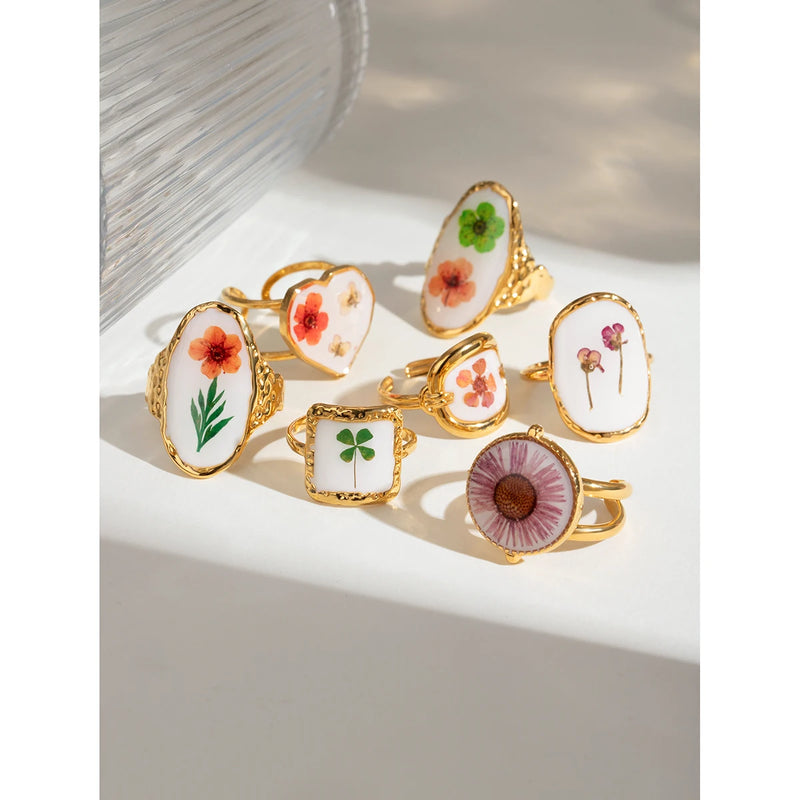 Light Cozy 18k Gold Plated Minimalist White Drip Oil Dried Flower Open End Ring Women Stainless Steel Statement Jewelry