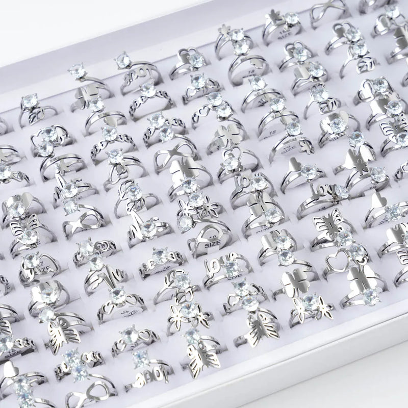 10Pcs/Lot Fashion Classic Rhinestone Stainless Steel Rings For Women Simple Shiny Colorful Finger Jewelry Wedding Party Gifts