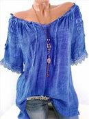 Sexy V Neck Lace Patchwork Loose T-shirts Summer Female See Through Sand Beachwear Tee Shirt Tops ARJ-05