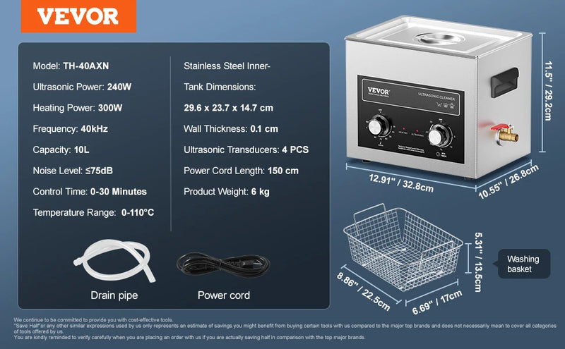 VEVOR Ultrasonic Cleaner with Heater Timer 2/3/6/10/15/30L for Lab Tools Metal Parts Carburetor Brass Auto Parts Engine Parts
