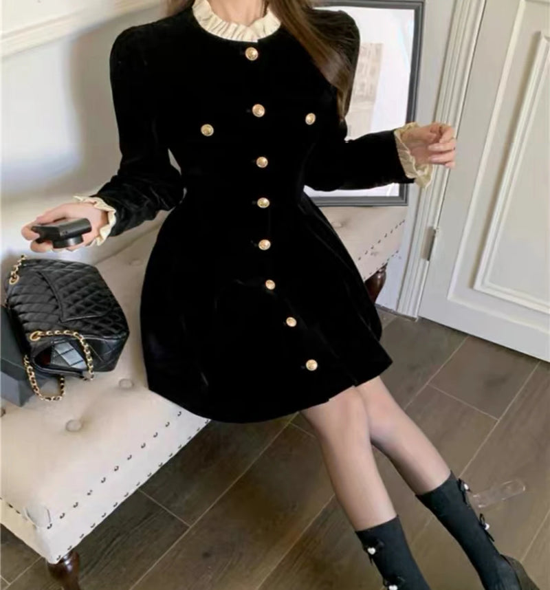 Korean Black Velvet Dresses for Women Single Breasted Long Sleeve Evening Party Dress Autumn Y2K Fashion A-line Vestido Mujer