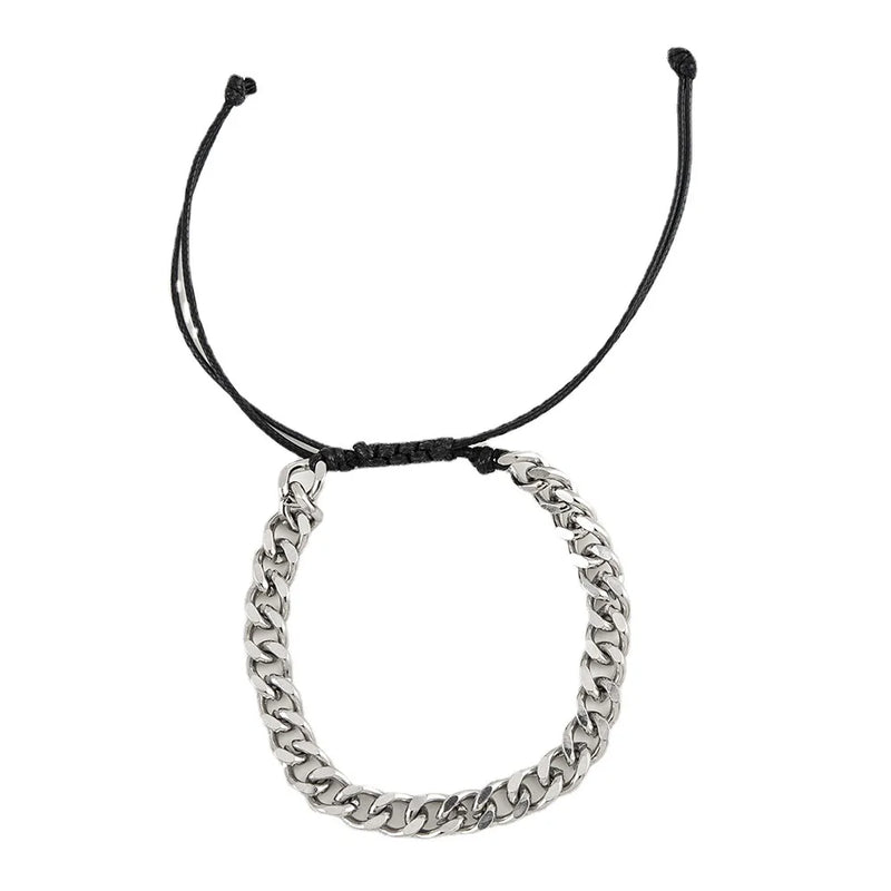 Silver Color Stainless Steel Cuban Chain Bracelet Retro Wax Rope Buckle Men's Bracelet Retro Jewelry Trend Accessories