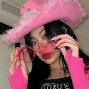 Women's Pink West Cowgirl Hat Girls Tiara Feather Felt Western Sequin Cowboy Cap Costume Party Dress Jazz Caps Cosplay Props