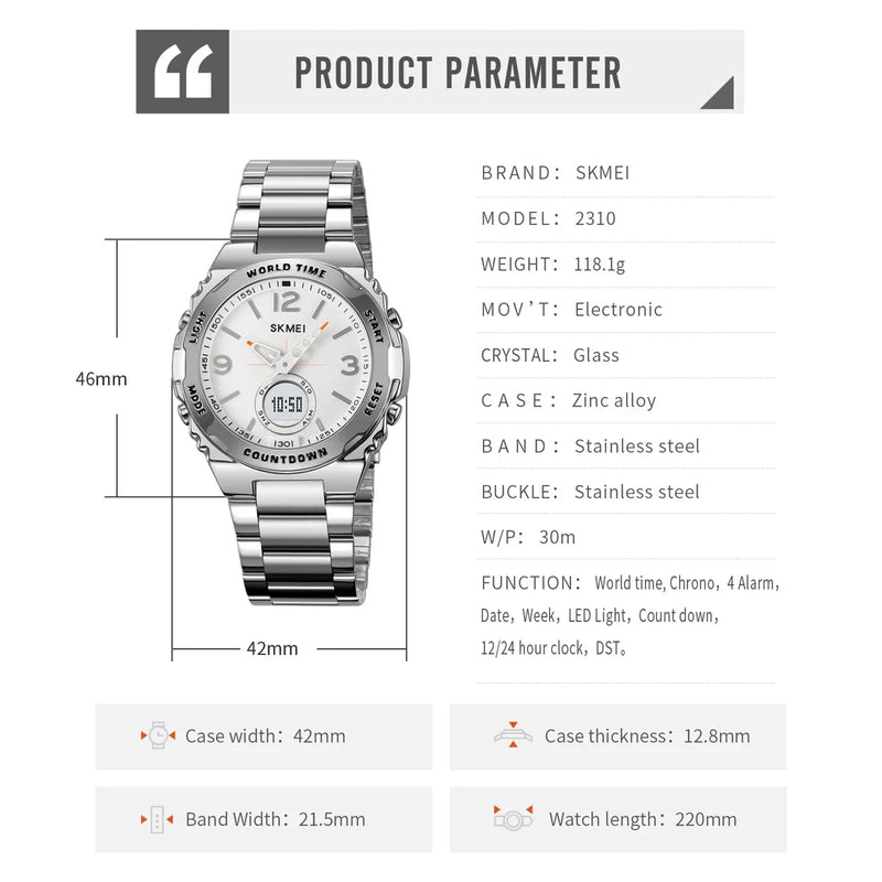 Reloj electrónico SKMEI 2310 resistente al agua para hombre, reloj de pulsera digital de acero inoxidable, reloj de lujo para hombre, reloj con movimiento, reloj para hombre