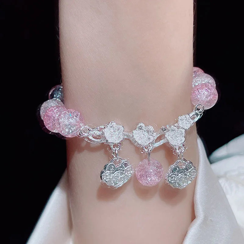 Lovely Women Hand Bracelets Butterfly Heart Bell Tassel Lock Ice Cracked Beaded Glass Beads Stretch Bangle Student Jewelry 1164