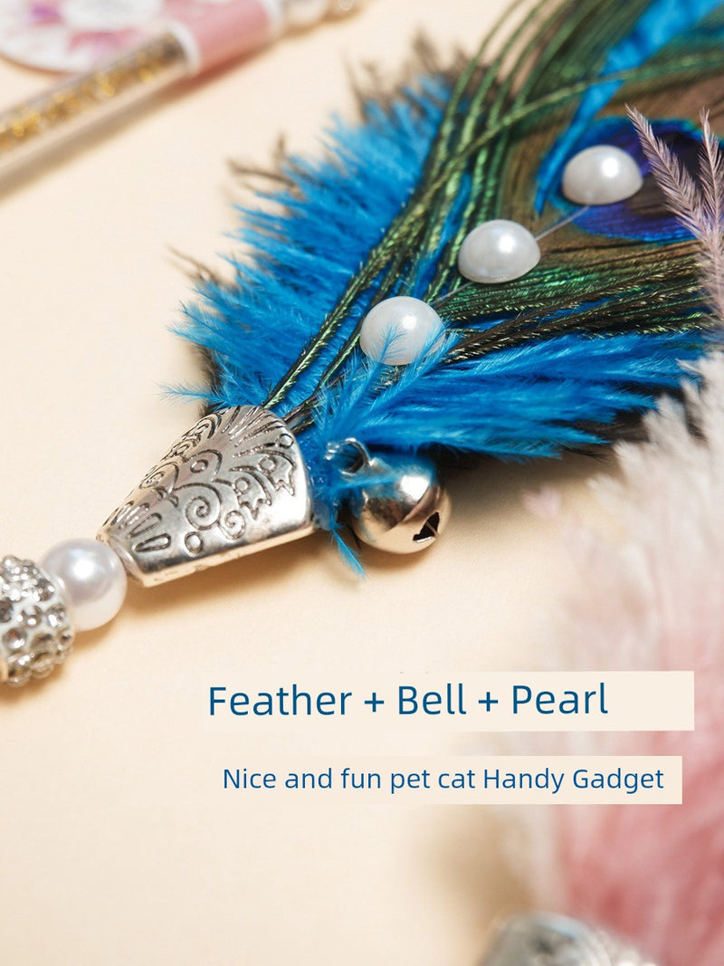 Ostrich Feather Cat Teaser Feather Fairy with Bell Kittens Cat Toy Self-Hi Relieving Stuffy Handy Gadget Cat Bite-Resistant Long Brush Holder