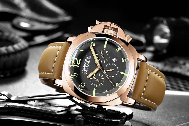 Automatic Watches for Men Mechanical Movement Genuine Brown Leather Multifunction Yellow Green Rose Gold Reloj Hombre Baratos