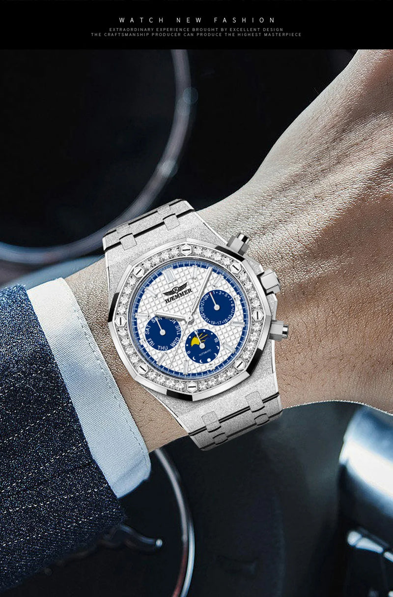 HAEMMER high-end design multifunctional men's watch stainless steel silver diamond face fashionable men's watch waterproof 30ATM