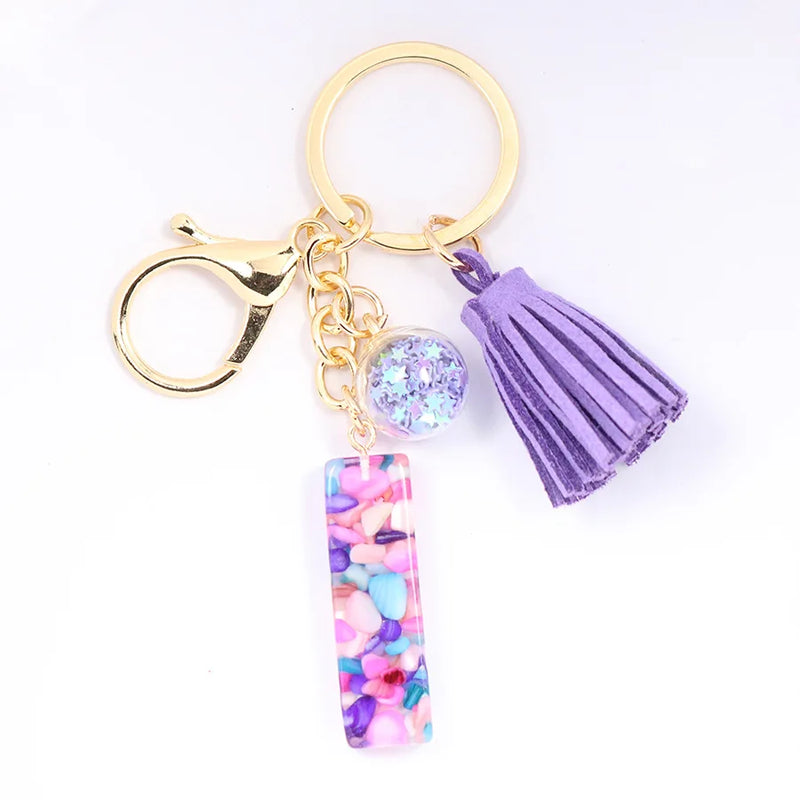 Women ew Crystal Epoxy Tassel Keychain Pendant Girl Heart English Capital Letter Stone Key K5158