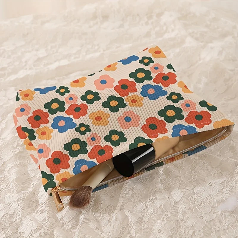 Minimally designed floral printed corduroy zipper makeup bag, lightweight and multifunctional cosmetic storage bag
