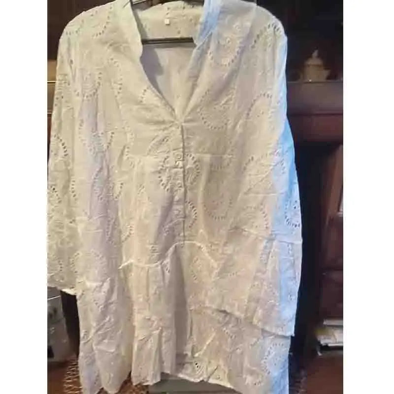 New Elegant V-neck Loose  Embroidery Party Dress Fashion Hollow Solid Lace Dress Women Sexy Ladies Dresses Casual Vestidos 27725