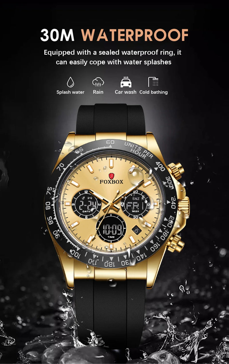 LIGE Top Brand Luxury FOXBOX Men Watch Calendar Date Week Quartz Wristwatch Dual Display Digital Watches Mens Luminous Clock Man