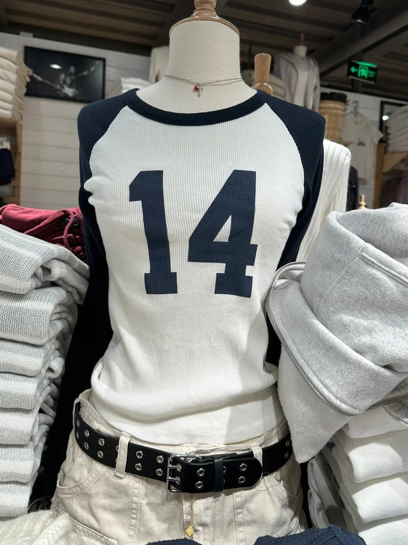 American Vintage 14 Print Long Sleeve Slim T-Shirt Woman Summer O-Neck Casual Tshirt Top Sweet Cute Streetwear Y2k Tees Tops