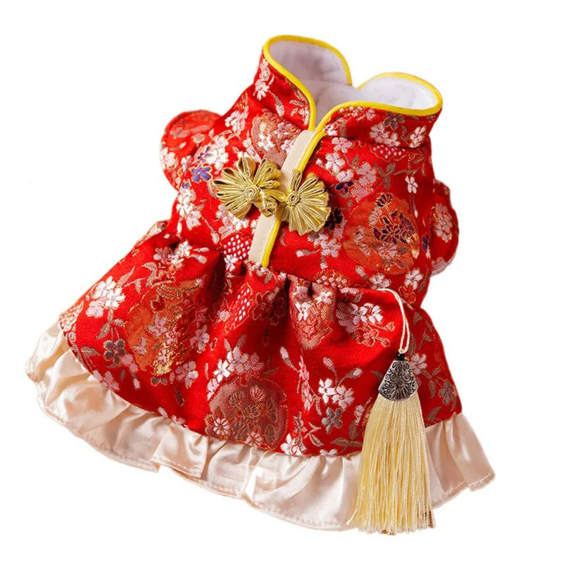 Practical Chinese Style New Year Pet Dress Plush Creative Pet Princess Skirt 4 Size Wind Resist Dog New Year Costume Keep Warm
