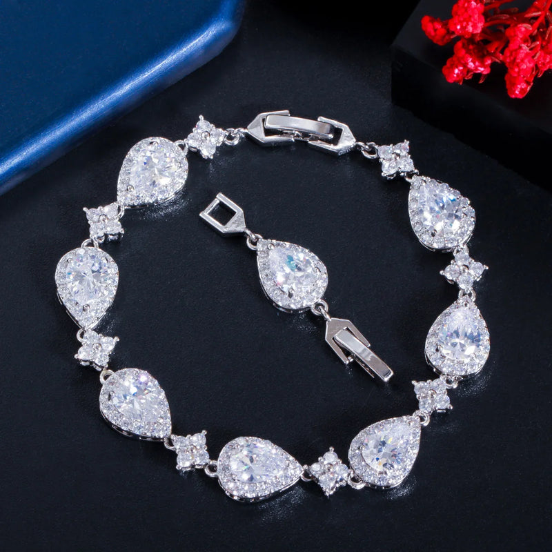 ThreeGraces Shiny Water Drop Cubic Zirconia Elegant Link Chain Bridal Bracelet for Women Luxury Wedding Party Jewelry BR375