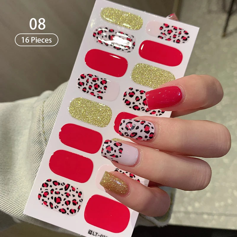 New 16 Strips Autumn Nail Stickers Full Cover Nail Patch Leopard Print 3D Nail Stickers Nail Polish Strips DIY Nail Art Making