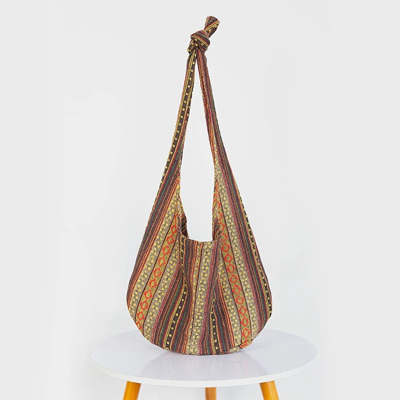 Vintage Bohemian Chic Canvas Shoulder Bag Ethnic Style Large Capacity Handbag Soft Tote Bag Casual Crossbody Bag Female Daily