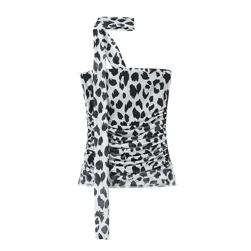 Aoaiiys Leopard Print Crop Top Women Tulle Tops Y2k Ruched Tops Sexy Backless Sleeveless Summer Pleated Beach Halter Top 2024