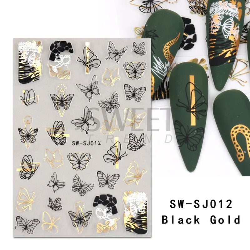 3D Snake Laser Stickers for Manicure Black Gold Abstract Leaves Luxury Nail Art Adhesive Slider Polish Decor Decals SASW-SJ