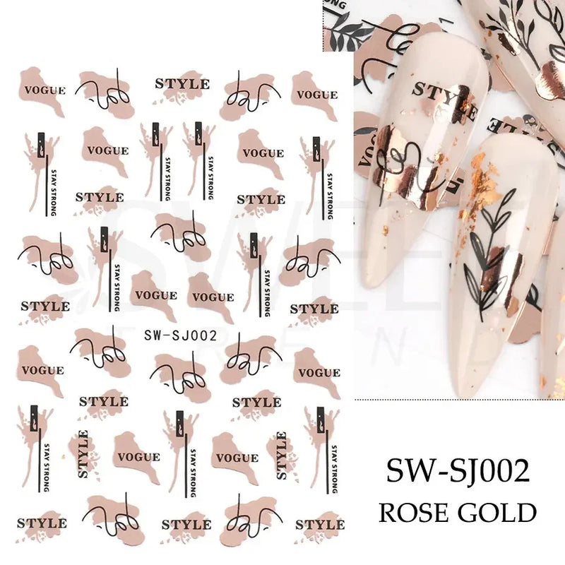 3D Snake Laser Stickers for Manicure Black Gold Abstract Leaves Luxury Nail Art Adhesive Slider Polish Decor Decals SASW-SJ