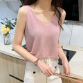 Hot Rhinestone Bright Silk Sleeveless Vest Women's Spring/Summer New Style V-neck Loose All-match Sling Knitted  Top T-shirt