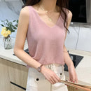 Hot Rhinestone Bright Silk Sleeveless Vest Women's Spring/Summer New Style V-neck Loose All-match Sling Knitted  Top T-shirt
