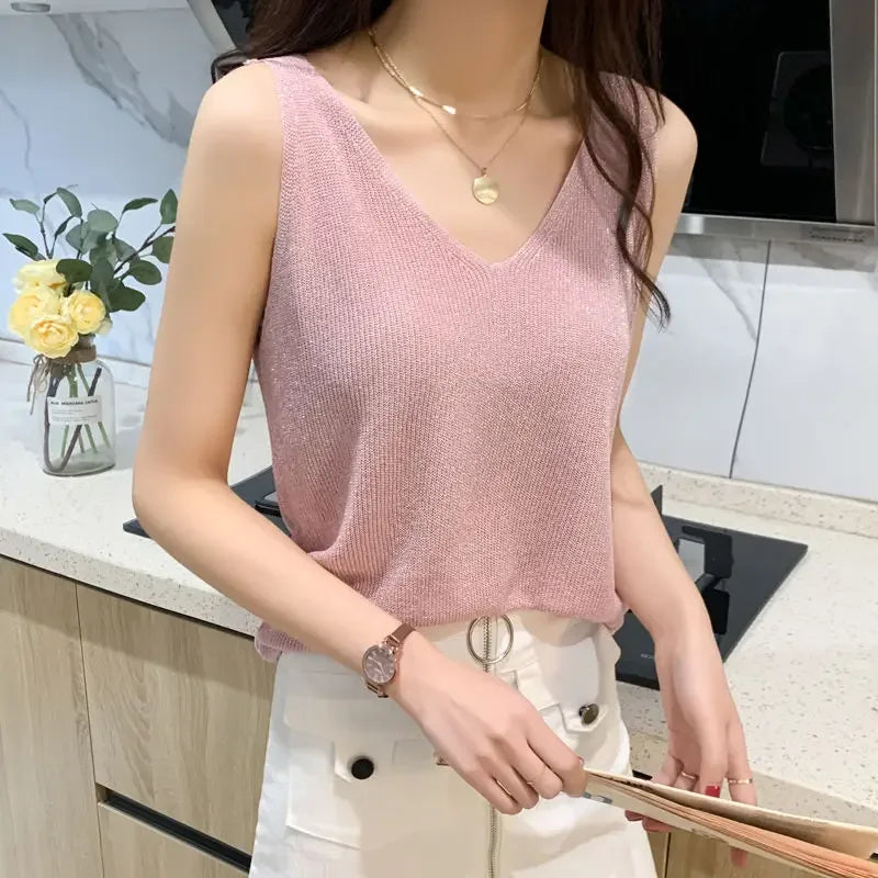 Hot Rhinestone Bright Silk Sleeveless Vest Women's Spring/Summer New Style V-neck Loose All-match Sling Knitted  Top T-shirt