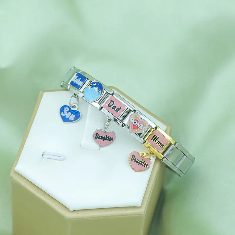 Hapiship 2024 Fashion Mum Dad Mother Daughter Sun Charm Italian Links  Fit 9mm Bracelet Stainless Steel DIY Making Jewelry DJ096