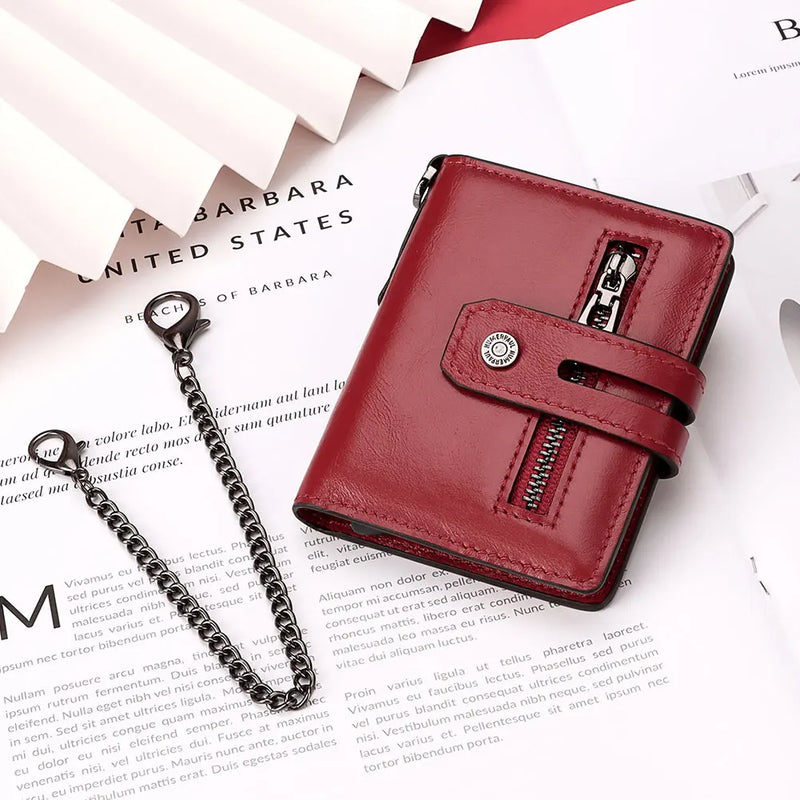 Mini Pop-Up Card Holder Genuine Leather Women Wallets RFID Blocking Protect Aluminum Cards Case Light Slim Purse with Chain
