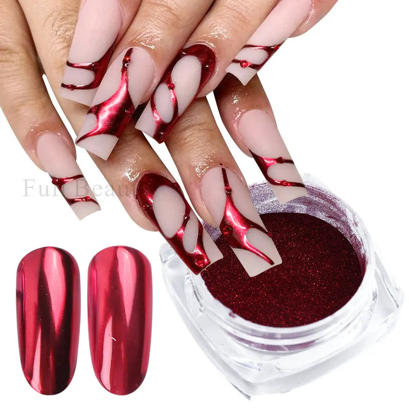 Red Chrome Nail Powder Y2K Metallic Mirror Effect Pigment Fine Rubbing Nail Glitter Flakes Dust Valentine Decorations Manicure