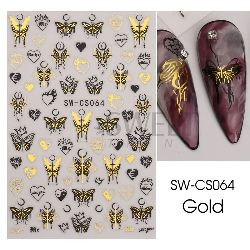 3D Snake Laser Stickers for Manicure Black Gold Abstract Leaves Luxury Nail Art Adhesive Slider Polish Decor Decals SASW-SJ