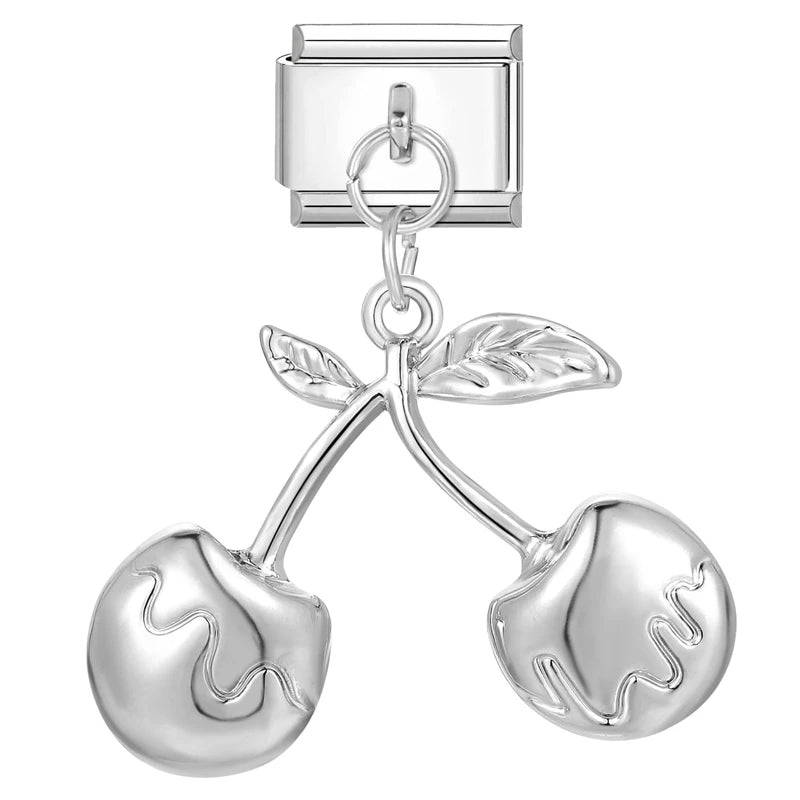 Sweet Red Cherry Bow Knot Heart Pendant Cherry Italian Charm Links Fit 9mm Stainless Steel Bracelet Women Jewelry DIY Making