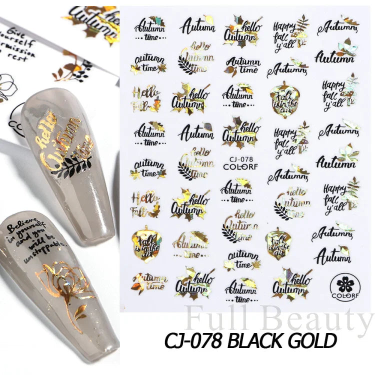 Shiny Maple Geometry Autumn Nail Art Stickers Laser Sector Fall Leaves Decals Cute Squirrel Slider Manicure Decorations CHCJ-076