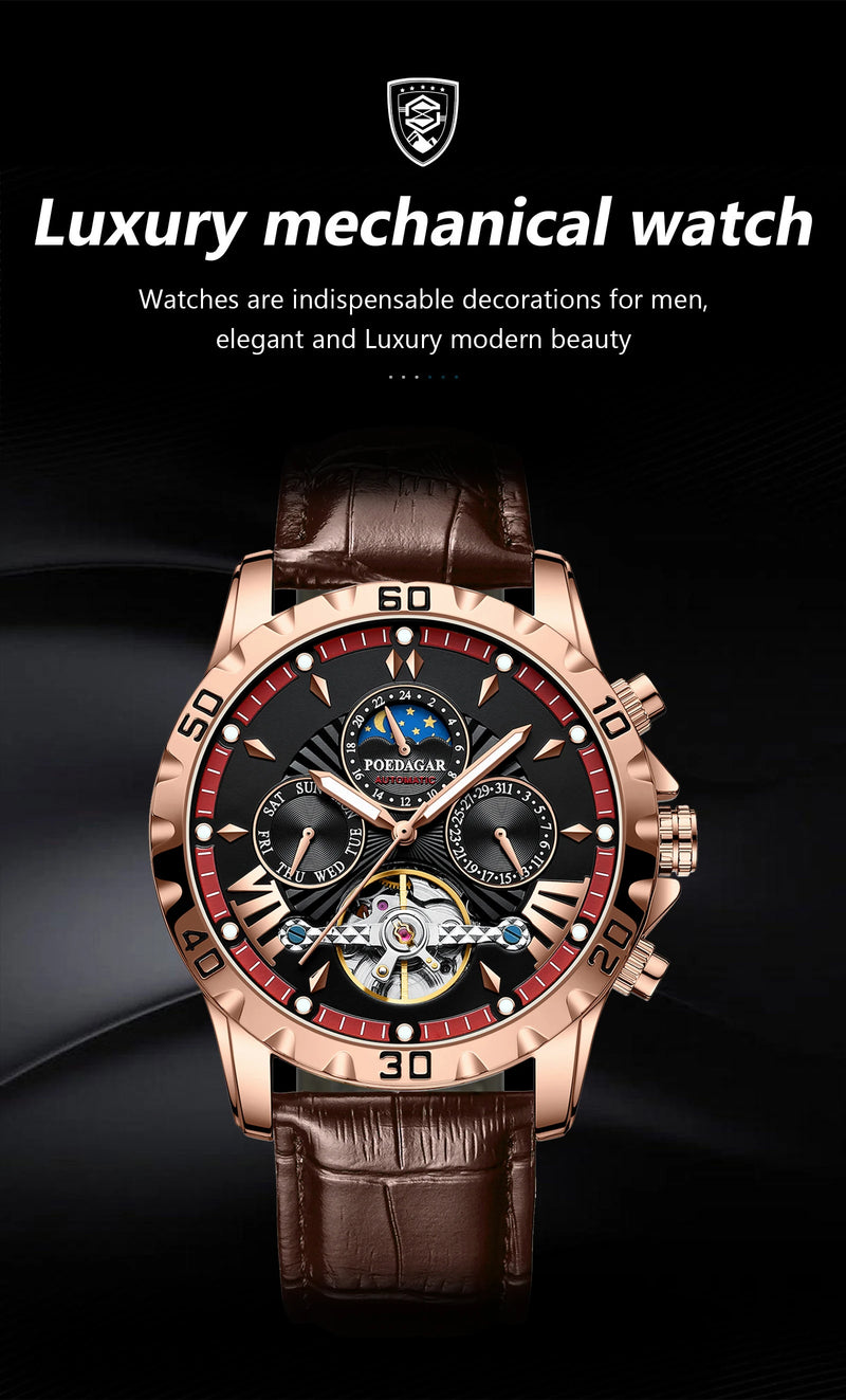 POEDAGAR Tourbillon Automatic Mechanical Wristwatch Waterproof Luminous Date Week Leather Men Watch Luxury Fashion Men's Watches
