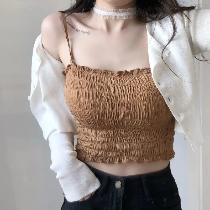 Hikigawa With Pleated Y2k Top Underwear Women Tube Tops Sexy Solid Spaghetti Straps Backless Paded Camisole Tank Top Mujer