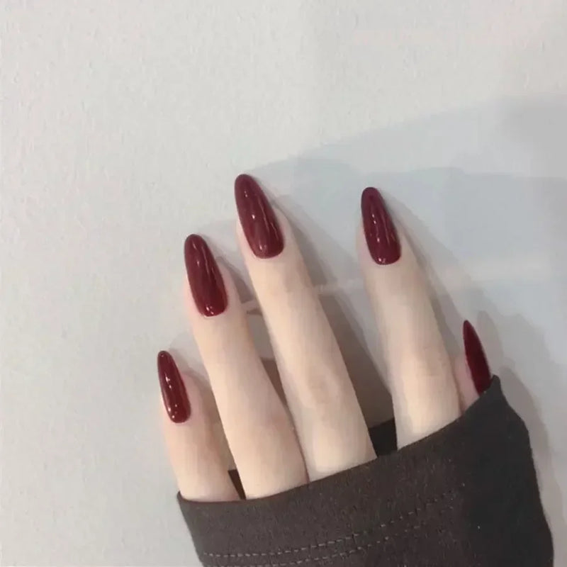 24pcs Wine Red Long Round Coffin Fake Nails With Glue Finished Art Full Cover Artificial Wearing False Nails Press On Nails Set