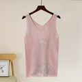 Hot Rhinestone Bright Silk Sleeveless Vest Women's Spring/Summer New Style V-neck Loose All-match Sling Knitted  Top T-shirt