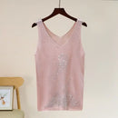 Hot Rhinestone Bright Silk Sleeveless Vest Women's Spring/Summer New Style V-neck Loose All-match Sling Knitted  Top T-shirt