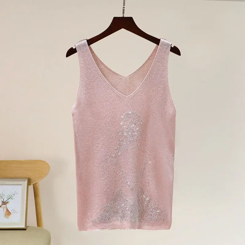 Hot Rhinestone Bright Silk Sleeveless Vest Women's Spring/Summer New Style V-neck Loose All-match Sling Knitted  Top T-shirt