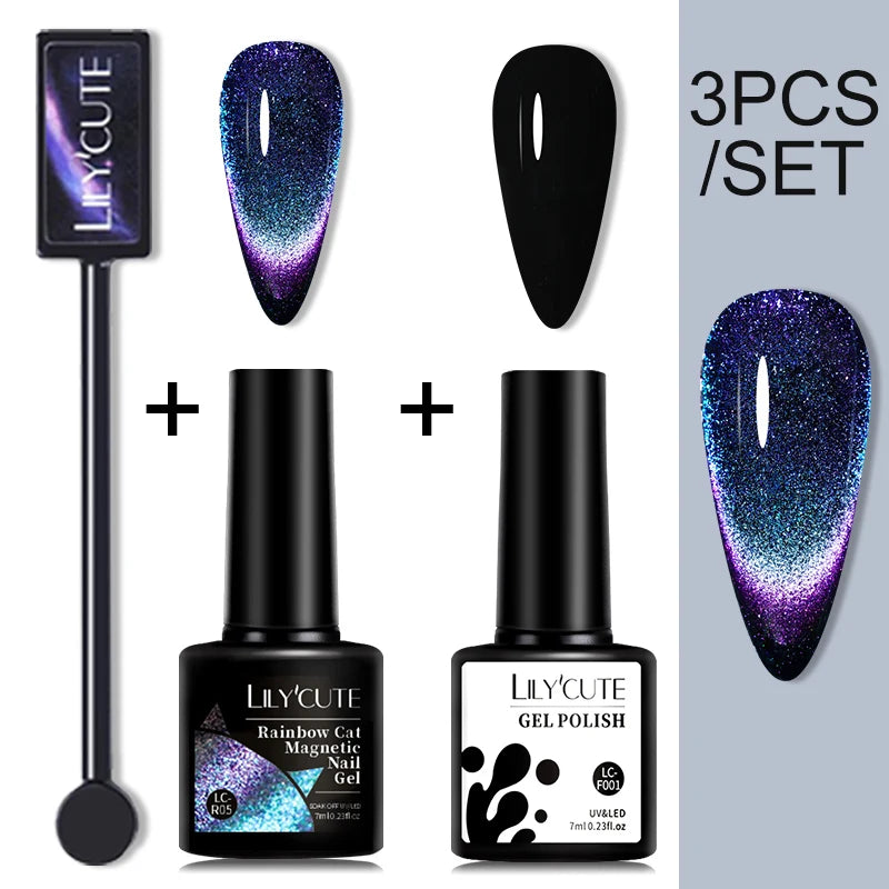LILYCUTE 7ML 9D Cat Magnetic Gel Polish Set Semi Permanent Soak Off UV LED Glitter Nails Magnet Stick Black Gel Needed