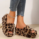 2024 Hot Sale Ladies Shoes Plus Size Women's Slippers Fashion Leopard Print Casual Slippers Women New Short Plush Wedge Slippers