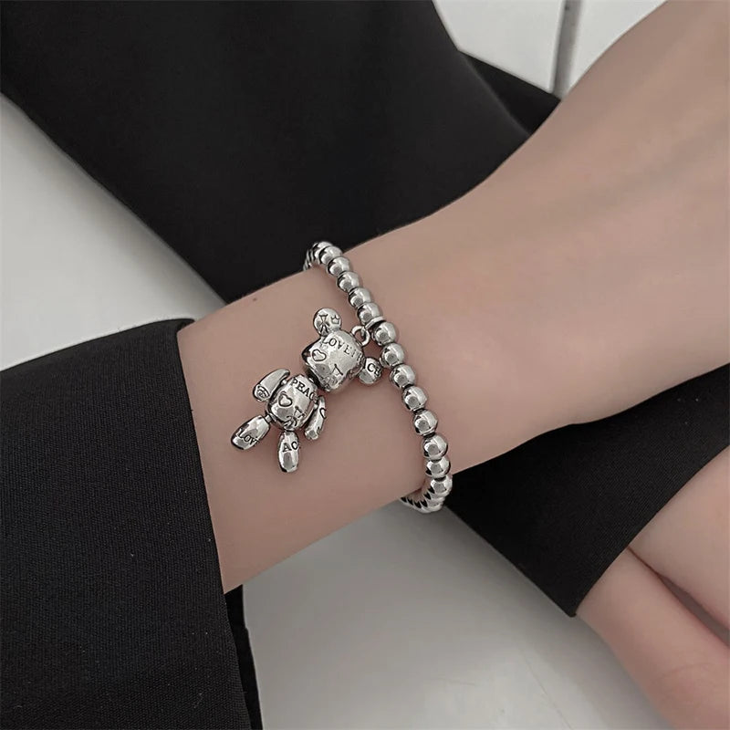 Fashion Cute Hip Hop Bear Pendant Necklace for Men & Women Punk Wind Titanium Steel Sweater Chain Jewelry Set Lovers Gift