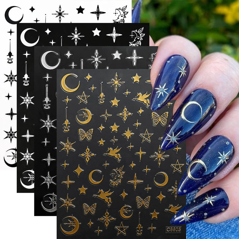 4Sheets Moon Star Heart Sun Mysterious Celestial Design Nail Art Stickers Self Adhesive Manicure Sliders For Nail Art Decoration