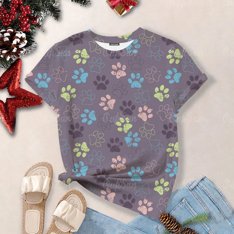 2024 Women's Top Summer Clothes Fashion Short-Sleeved Cat And Dog Paw Print Women's T-Shirt Cute Dog Paw Aesthetic Tops Woman